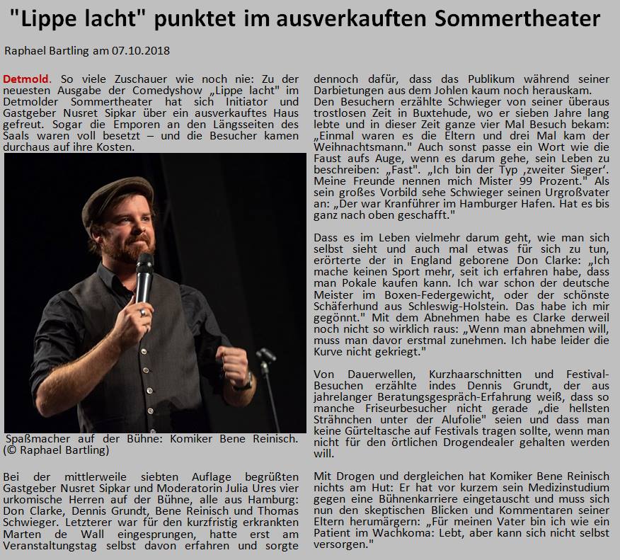 LZ: Lippe lacht punktet im ausverkauften Sommertheater (5.10 2009 mit Don Clarke, Thomas Schwieger, Bene Reinisch und Dennis Grundt)