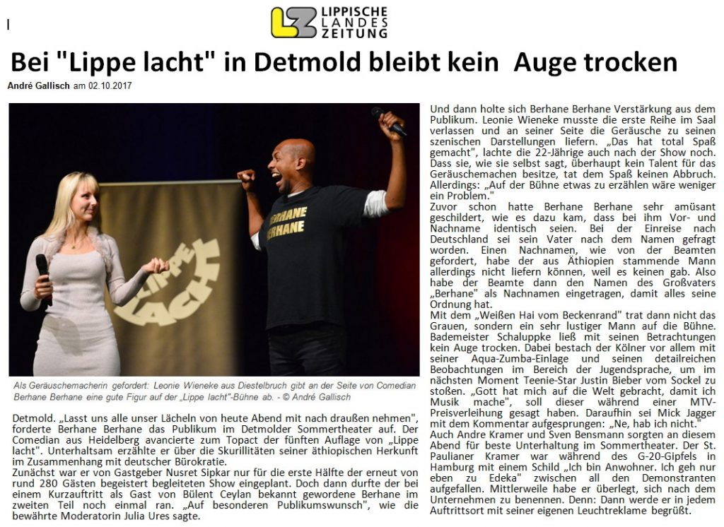 Bei „Lippe lacht“ in Detmold bleibt keine Auge trocken (Lippische Landeszeitung) – Lippe Lacht 29.09.2017 mit Bademeister Schaluppke, Berhane Berhane, Sven Bensmann und Andre Kramer